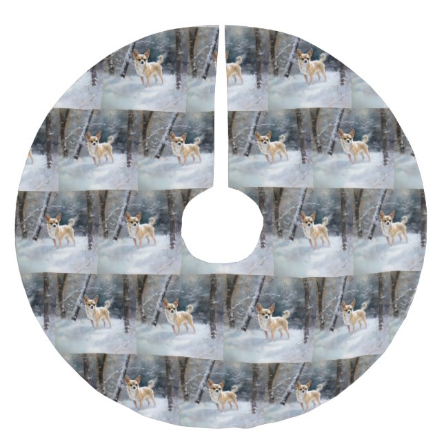 Falda Para El Árbol De Navidad De Poliéster Chihuahua deja que nieve Navidades (Anverso)