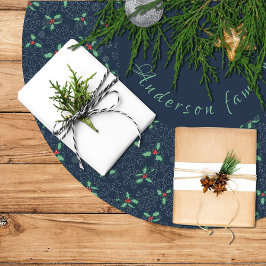 Falda Para El Árbol De Navidad De Poliéster Christmas tree skirt, holly and snowflakes on blue