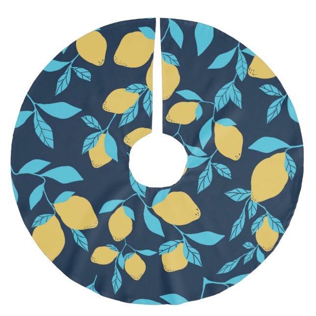 Falda Para El Árbol De Navidad De Poliéster Citro simple: limones en azul. (Anverso)
