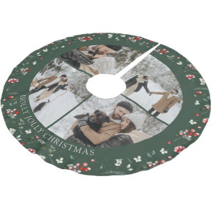 Falda Para El Árbol De Navidad De Poliéster Colage de fotos patrón de bayas verde
