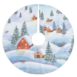 Falda Para El Árbol De Navidad De Poliéster Colinas nevadas, casas: paisaje acuático