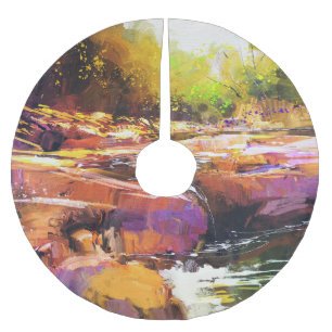 Falda Para El Árbol De Navidad De Poliéster Colorido río otoño, pintura al paisaje.