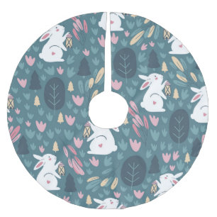 Falda Para El Árbol De Navidad De Poliéster Conejo lindo: impresión ininterrumpida vintage.