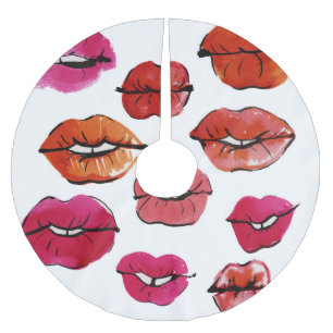 Falda Para El Árbol De Navidad De Poliéster Conjunto de labios de tinta y acuarela