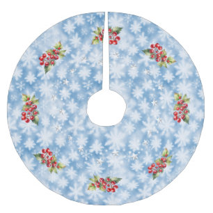 Falda Para El Árbol De Navidad De Poliéster Copo de Nieve Azul con Bayas Rojas y Estrellas Nav