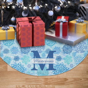 Falda Para El Árbol De Navidad De Poliéster Copos de nieve Monograma Nombre Agua Azul