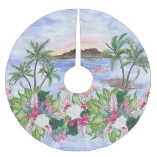 Falda Para El Árbol De Navidad De Poliéster Crímenes hawaianos: Patrón acuarela tropical