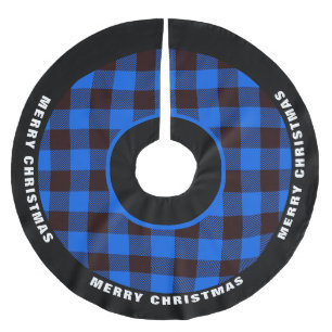 Falda Para El Árbol De Navidad De Poliéster Cuadro de búfalo azul y negro, Feliz Navidad