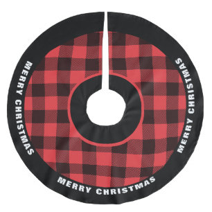Falda Para El Árbol De Navidad De Poliéster Cuadro de búfalo rojo y negro, Feliz Navidad
