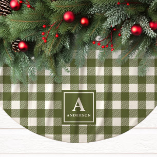 Falda Para El Árbol De Navidad De Poliéster Cuadro de Gingham Verde Oliva y Blanco con Monogra