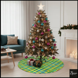 Falda Para El Árbol De Navidad De Poliéster Cuadros Amarillo Neón Negro Punk Tartán