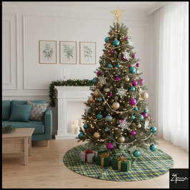 Falda Para El Árbol De Navidad De Poliéster Dark Green Yellow Vintage Plaid Tartan