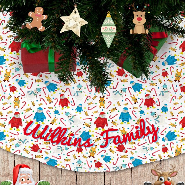 Falda Para El Árbol De Navidad De Poliéster Diseño de Snowman de renos pingüinos de juguete (Christmas Penguins Reindeer and Polar Bears Personalized Tree Skirt)