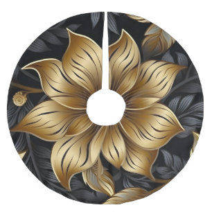 Falda Para El Árbol De Navidad De Poliéster Diseño Floral de Navidad en Negro Elegante Dorado