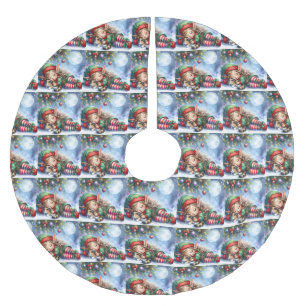Falda Para El Árbol De Navidad De Poliéster Duende de Navidad durmiendo con gatito calico