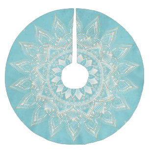 Falda Para El Árbol De Navidad De Poliéster Elegante diseño azul cielo de Mandala dorado blan