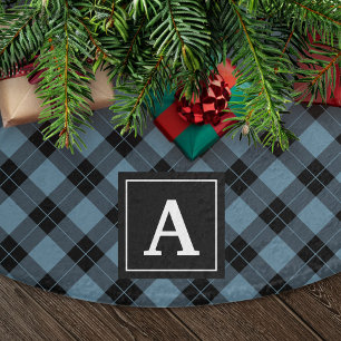 Falda Para El Árbol De Navidad De Poliéster Elegante Monograma de Cuadro Azul y Negro