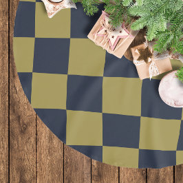 Falda Para El Árbol De Navidad De Poliéster Elegante patrón de cuadros dorado y azul marino