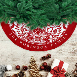 Falda Para El Árbol De Navidad De Poliéster Elegante Patrón Floral Navideño Retro Rojo Blanco