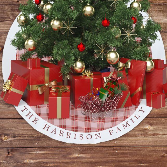 Falda Para El Árbol De Navidad De Poliéster Elegante Red Plaid Personalizado (Elegant Red Plaid Personalized Brushed Polyester Tree Skirt)