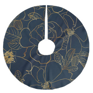 Falda Para El Árbol De Navidad De Poliéster Elegantes Rosas de oro Dibujo Floral Diseño Azul