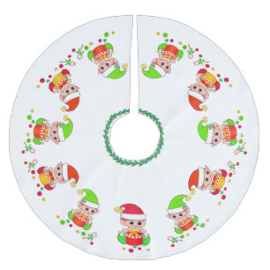 Falda Para El Árbol De Navidad De Poliéster Elfos lindos, ayudantes de Santa en blanco
