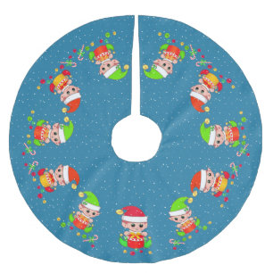 Falda Para El Árbol De Navidad De Poliéster Elfos lindos sobre azul zafiro con acento de nieve