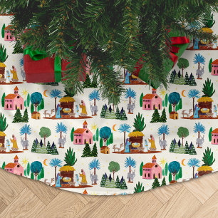 Falda Para El Árbol De Navidad De Poliéster Escena de la Natividad Ecru Dibujada a Mano Navida