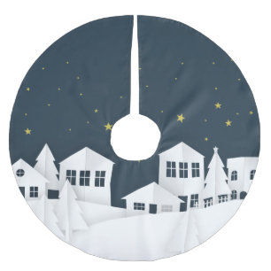 Falda Para El Árbol De Navidad De Poliéster Escena Nocturna Tema de Navidad Pueblo Blanco