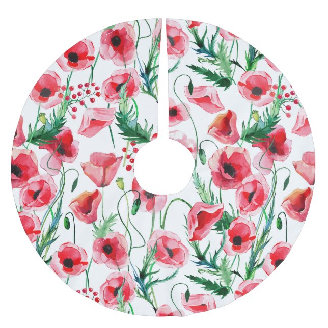 Falda Para El Árbol De Navidad De Poliéster Espías rojas: ilustracion floral acuarela (Anverso)