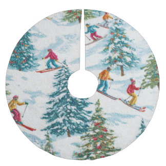 Falda Para El Árbol De Navidad De Poliéster Esquiadores en la nieve