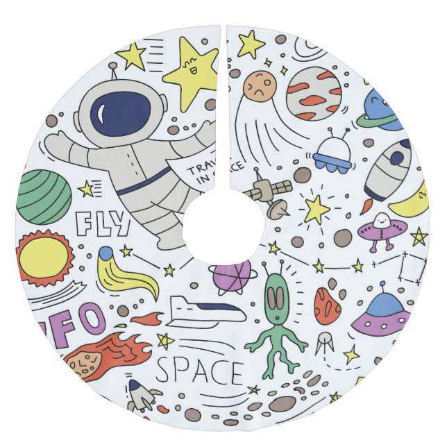 Falda Para El Árbol De Navidad De Poliéster Estilo Doodle, ilustracion temático espacial. (Anverso)