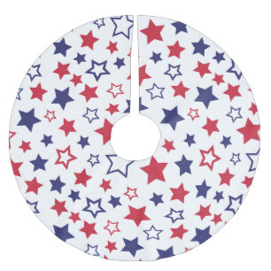Falda Para El Árbol De Navidad De Poliéster Estrellas Rojas y Azules, 4 de Julio, Fondo Blanco