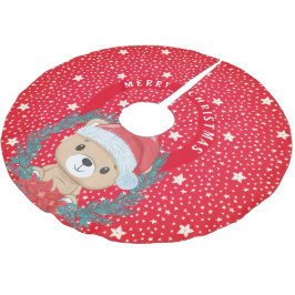 Falda Para El Árbol De Navidad De Poliéster Estrellas rojas y blancas de peluche Feliz Navidad