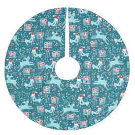 Falda Para El Árbol De Navidad De Poliéster Falda de Navidad renos regalos y pájaros aqua azul
