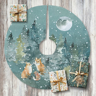 Falda Para El Árbol De Navidad De Poliéster Familia Fox en la nieve de la luna llena de bosque