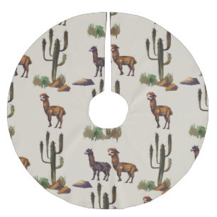 Falda Para El Árbol De Navidad De Poliéster Fauna alpaca de Llama, patrón acuarela.