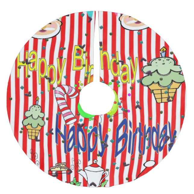 Falda Para El Árbol De Navidad De Poliéster Feliz cumpleaños (Anverso)