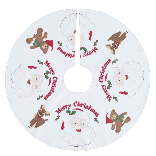 Falda Para El Árbol De Navidad De Poliéster Feliz Navidad Santa con oso de peluche y reno (Anverso)