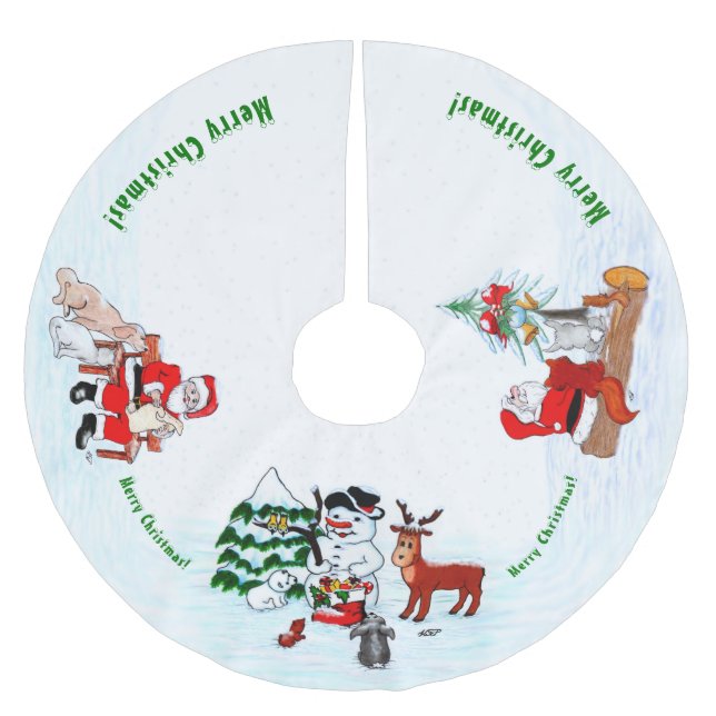 Falda Para El Árbol De Navidad De Poliéster ¡Feliz Navidad! Snowman con sus amigos (Anverso)