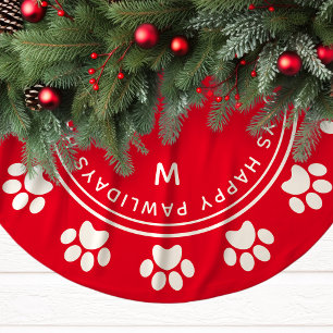 Falda Para El Árbol De Navidad De Poliéster Feliz Pawlidays Huella de Mascota de Navidad Roja