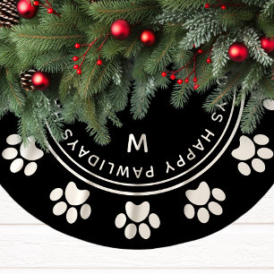 Falda Para El Árbol De Navidad De Poliéster Feliz Pawlidays Huella de Mascota Navidad Negra