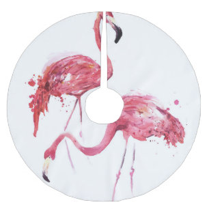 Falda Para El Árbol De Navidad De Poliéster Flamencos acuarelas, Diseño Elegante.