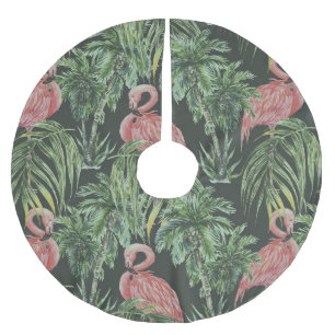 Falda Para El Árbol De Navidad De Poliéster Flamencos rosados, patrón de cosecha tropical.