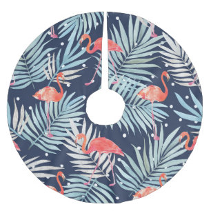 Falda Para El Árbol De Navidad De Poliéster Flamingo acuarela: Elegancia tropical rosa.