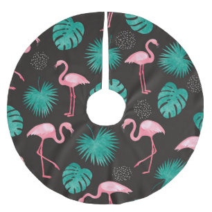 Falda Para El Árbol De Navidad De Poliéster Flamingo, hojas de palma: acuarela tropical.