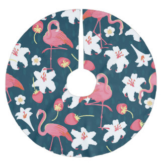 Falda Para El Árbol De Navidad De Poliéster Flamingo Lilies: Diseño Vintage Tropical.