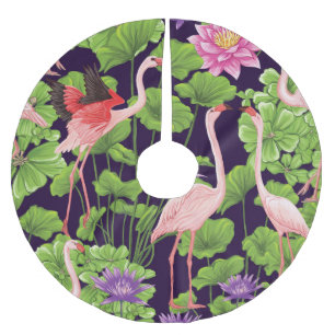 Falda Para El Árbol De Navidad De Poliéster Flamingo, plantas tropicales, fondo negro.