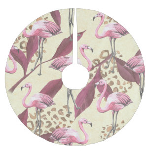Falda Para El Árbol De Navidad De Poliéster Flamingo rosa tropical, patrón leopardo.