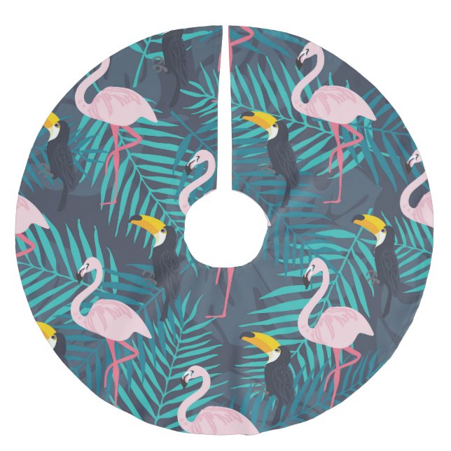 Falda Para El Árbol De Navidad De Poliéster Flamingo, toucano: patrón de hojas tropicales (Anverso)